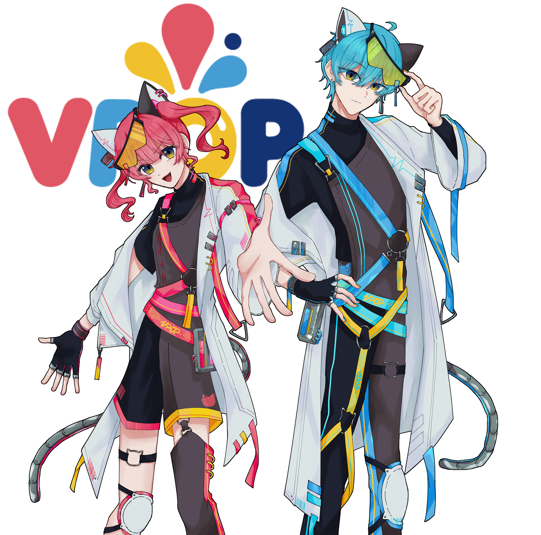 3人のVTuberとアクリルスタンド、缶バッジ、マグカップ、トートバッグ